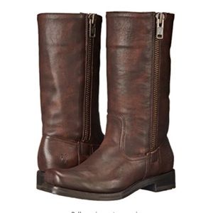Frye Heath Boots Outside Zipper Mid Calf Shaft Maple Leather